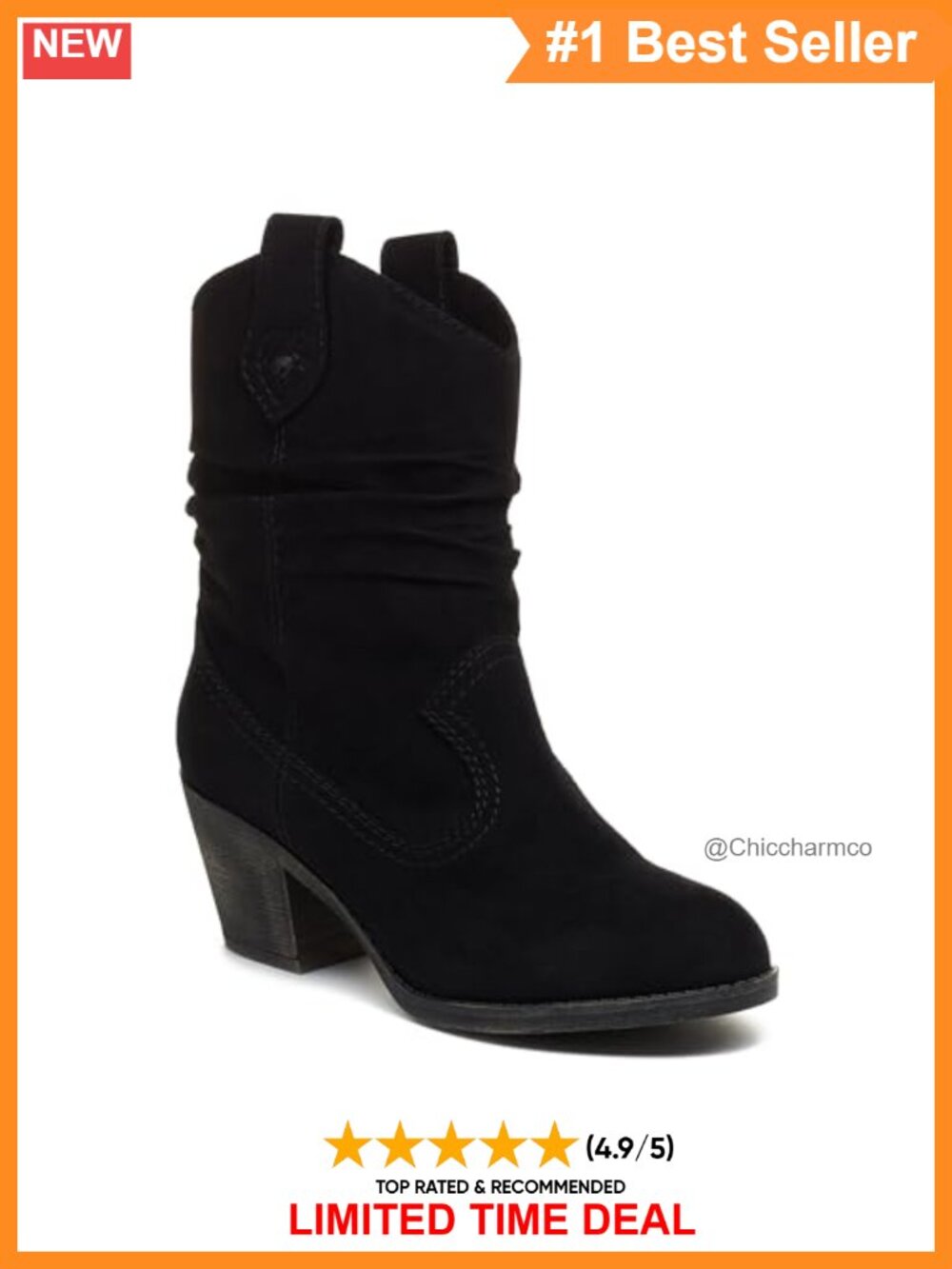 Western Mid-Calf Boots 2.5" Stacked Heel Faux Leather Round Toe Casual Fall